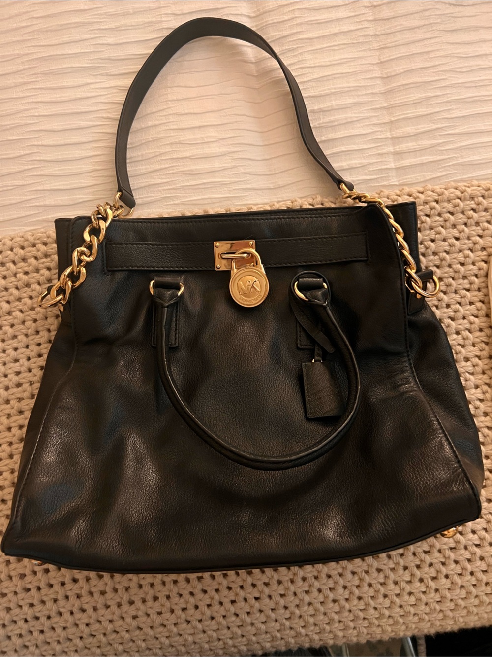Michael Kors Black Leather Tote with Gold Hardware